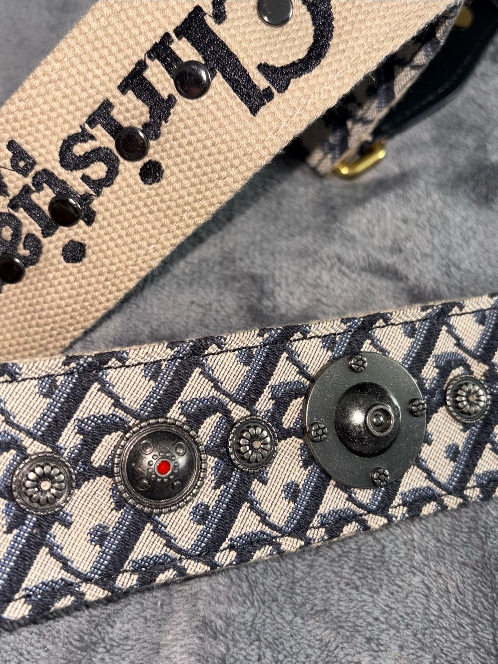 Dior Beige and Navy Embroidered Canvas Shoulder Strap with Gold Hardware - Picture 6 of 6